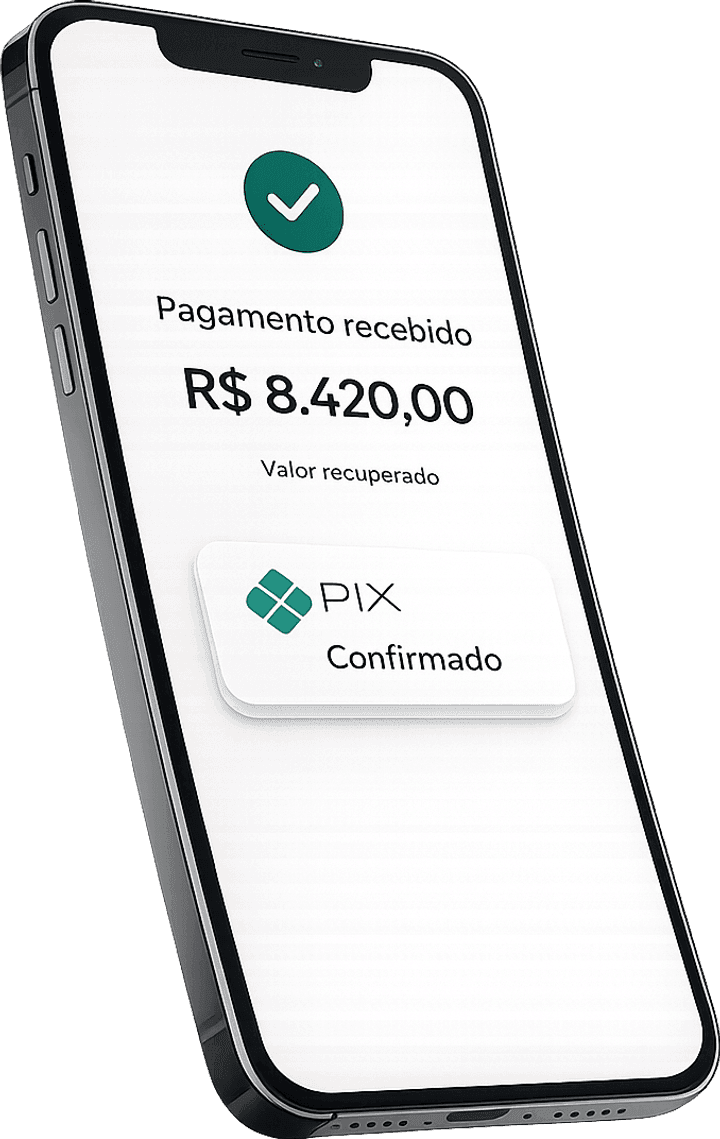 Tela do app Adimplia: pagamento de R$ 8.420,00 recebido, PIX confirmado