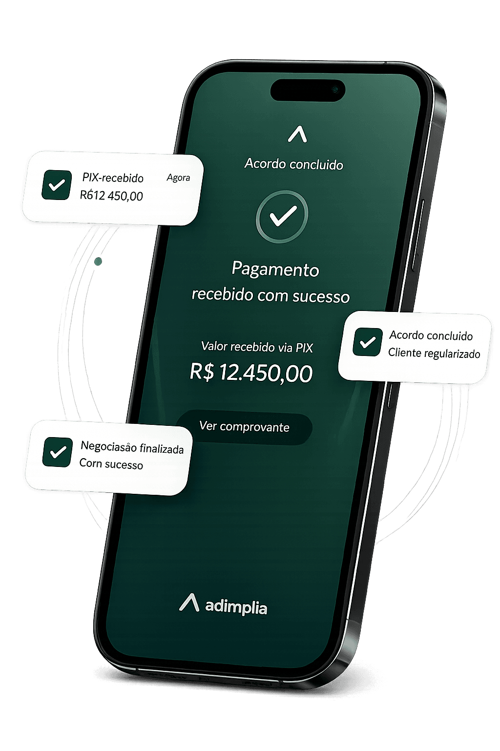 Tela do app Adimplia: pagamento recebido com sucesso via PIX, acordo concluído